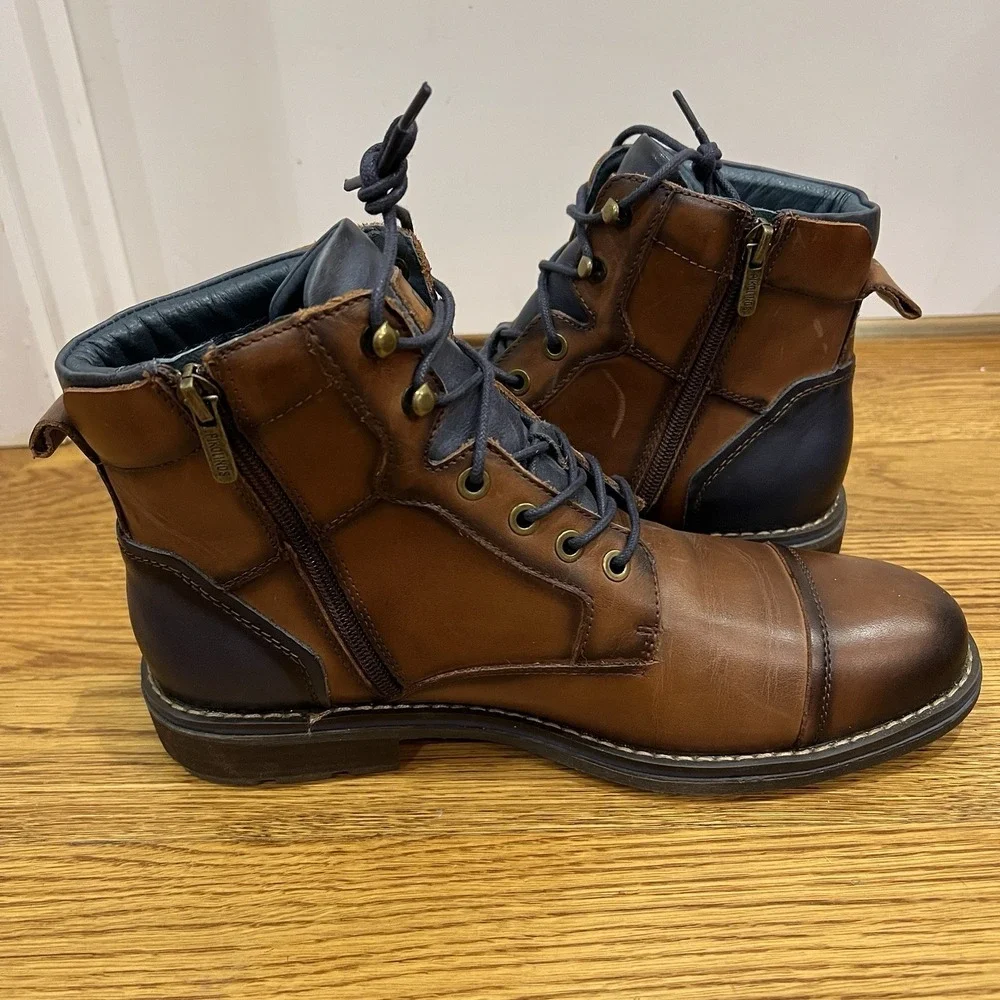 Pikolinos Mens YORK Brown Leather Cap Toe Ankle Zip Lace Up Boots Sz 41 / 8.5 US